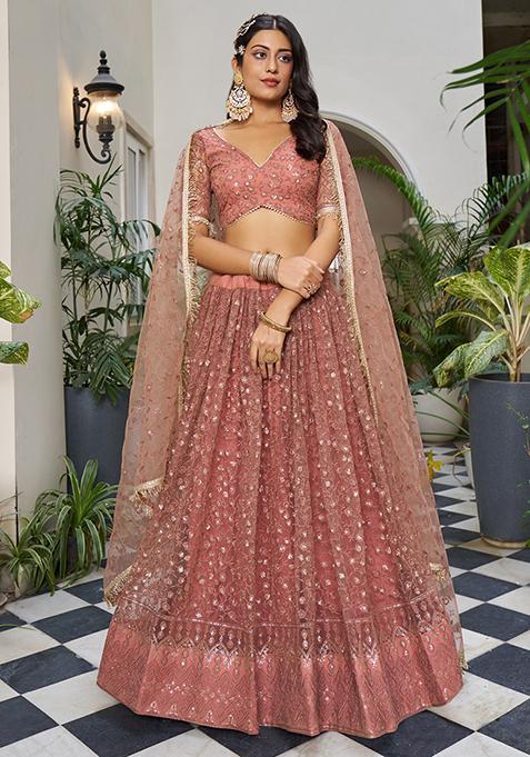 Rust Brown Thread Embroidered Net Lehenga Set