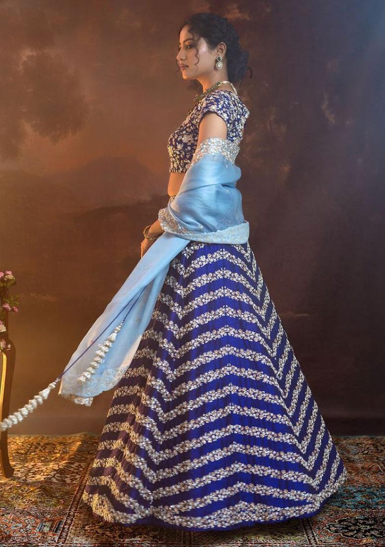 Multi Color Sequence Embroidery Chinon Lehenga Set With Dupatta - Indya