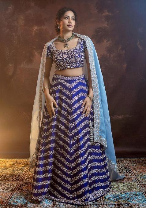 Multi Color Sequence Embroidery Chinon Lehenga Set With Dupatta