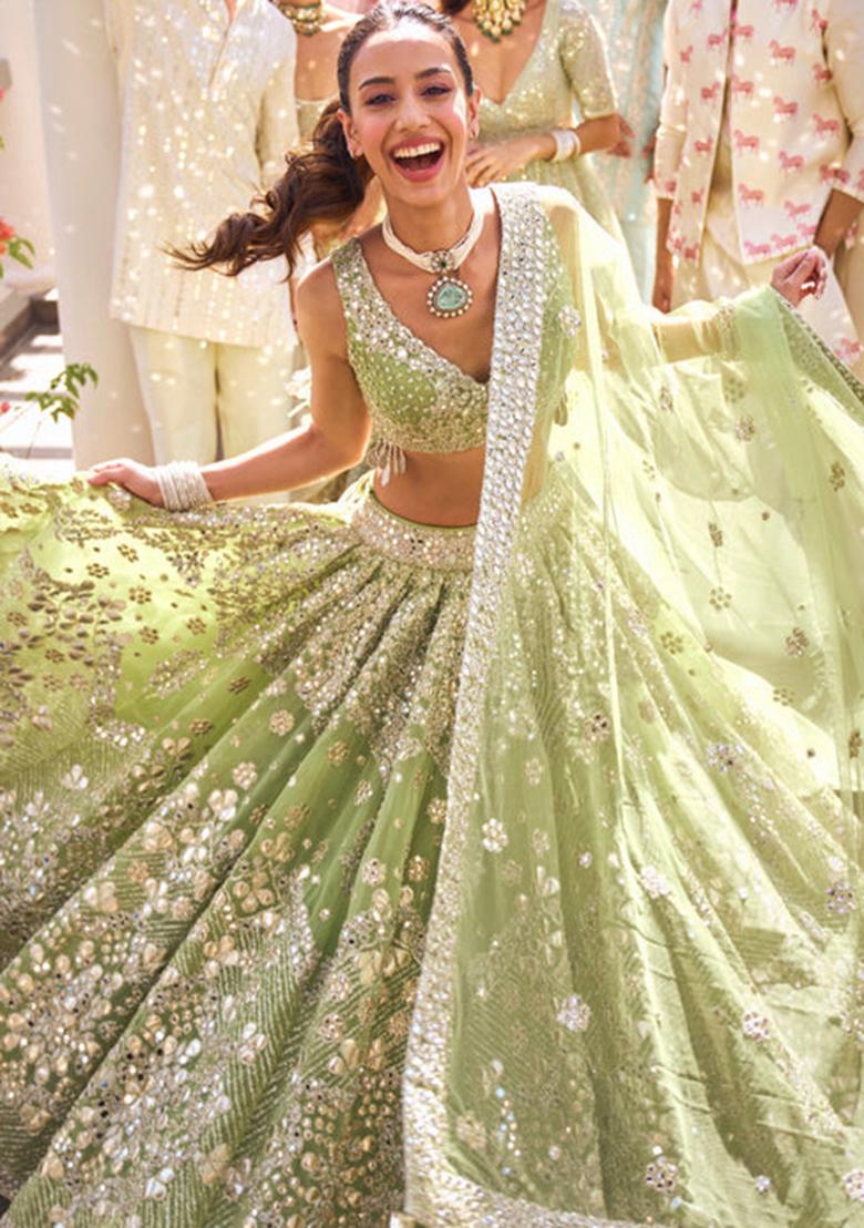 Multi Color Embroidered Georgette Lehenga Set With Dupatta - Indya