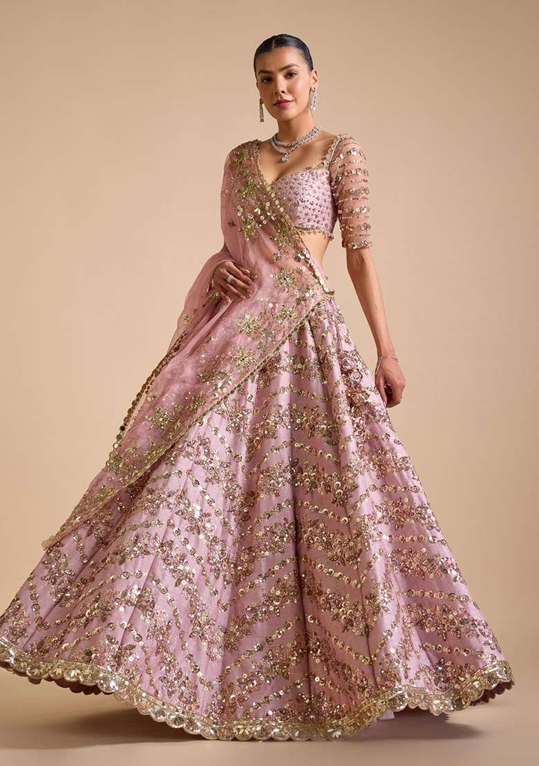 Onion Pink Chinon With Dupatta Lehenga Set with Embroidered for Diwali | Wedding & Festive Wear - Indya