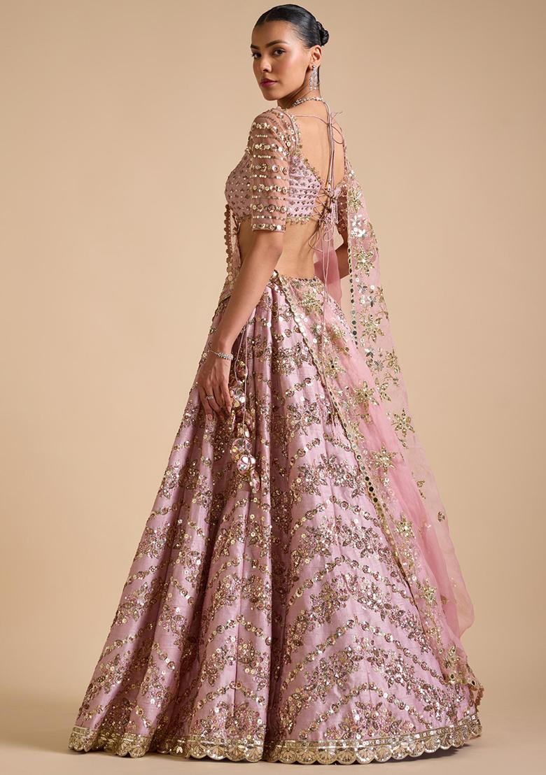 Multi Color Embroidered Chinon Lehenga Set With Dupatta - Indya