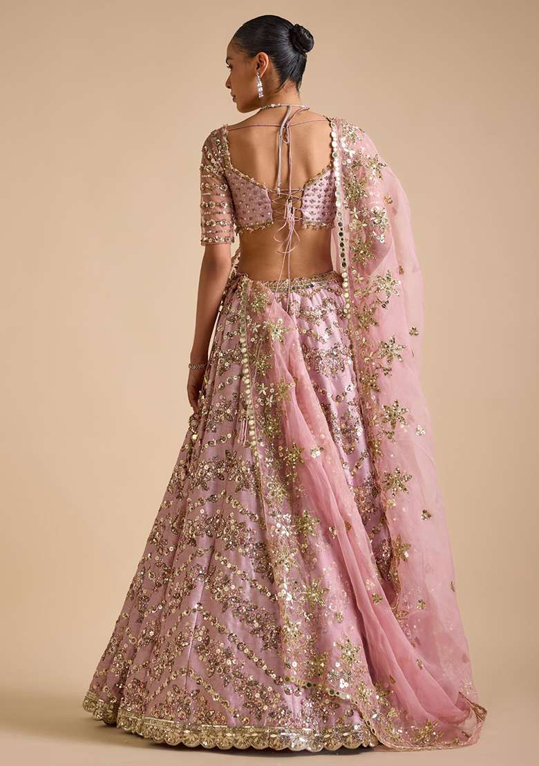 Onion Pink Chinon With Dupatta Lehenga Set with Embroidered for Diwali | Wedding & Festive Wear - Indya