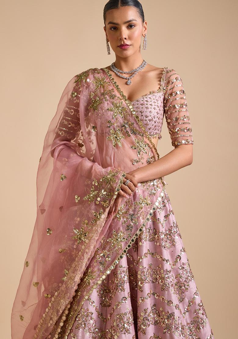 Multi Color Embroidered Chinon Lehenga Set With Dupatta - Indya