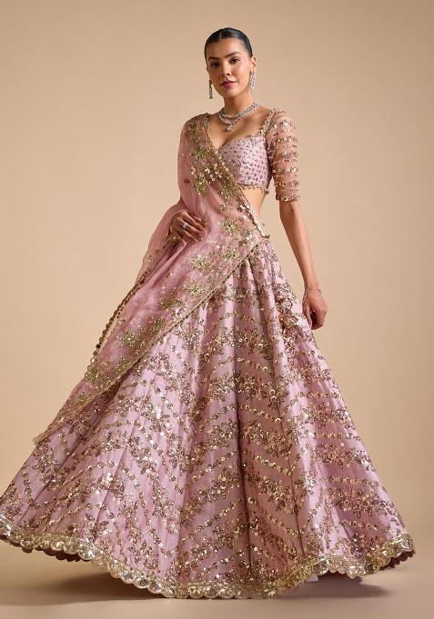 Multi Color Embroidered Chinon Lehenga Set With Dupatta