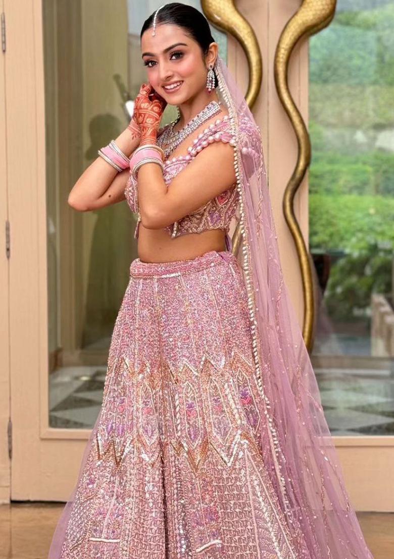 Multi Color Sequence Embroidery Silk Lehenga Set With Dupatta - Indya