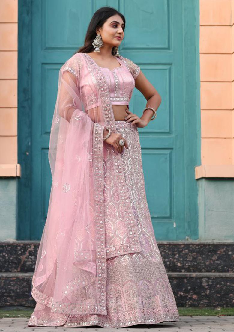 Multi Color Embroidered Silk Lehenga Set With Dupatta - Indya