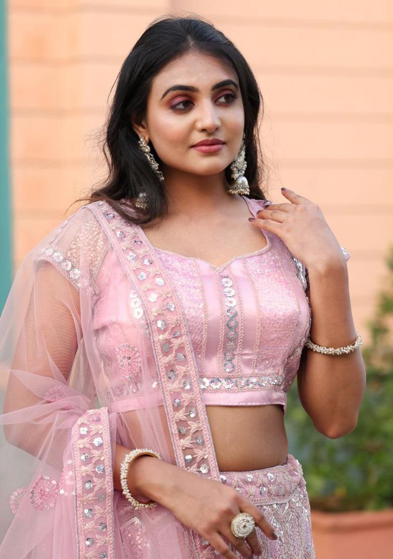 Multi Color Embroidered Silk Lehenga Set With Dupatta - Indya