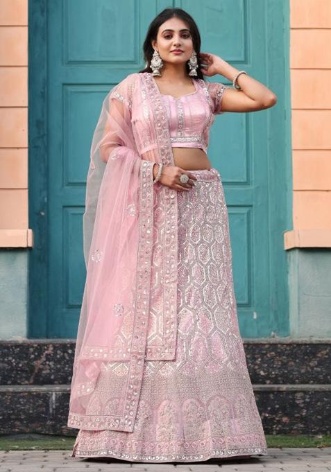 Multi Color Embroidered Silk Lehenga Set With Dupatta