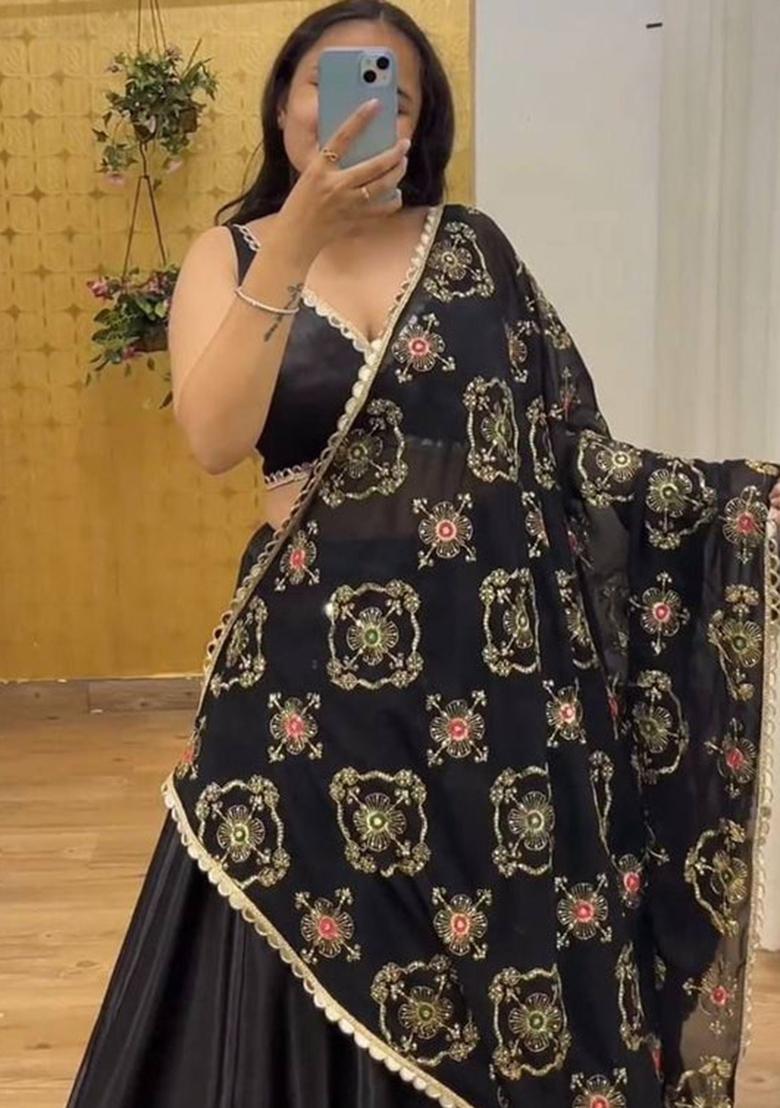 Multi Color Embroidered Silk Lehenga Set With Dupatta