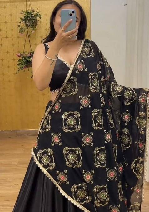 Multi Color Embroidered Silk Lehenga Set With Dupatta