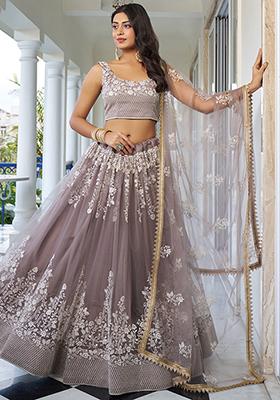 Brown Thread Embroidered Net Lehenga Set