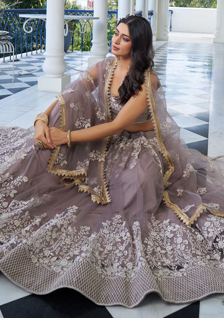 Brown Thread Net Lehenga Set with Embroidered for Diwali | Wedding & Festive Wear - Indya
