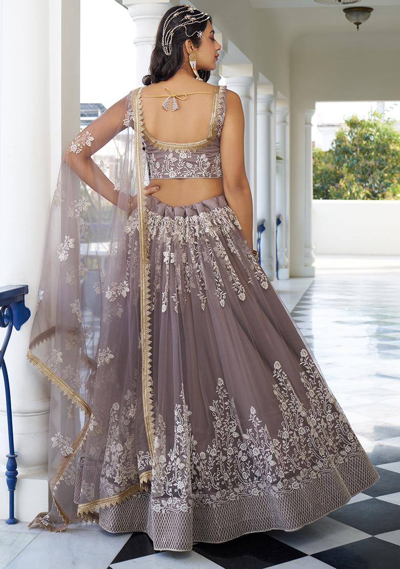Brown Thread Embroidered Net Lehenga Set - Indya