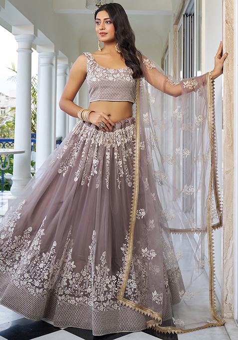 Brown Thread Embroidered Net Lehenga Set