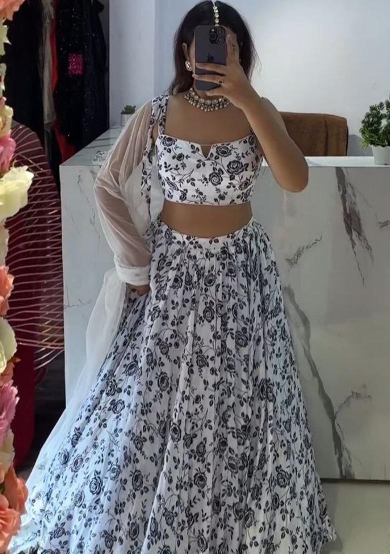 Multi Color Printed Chinon Lehenga Set With Dupatta - Indya