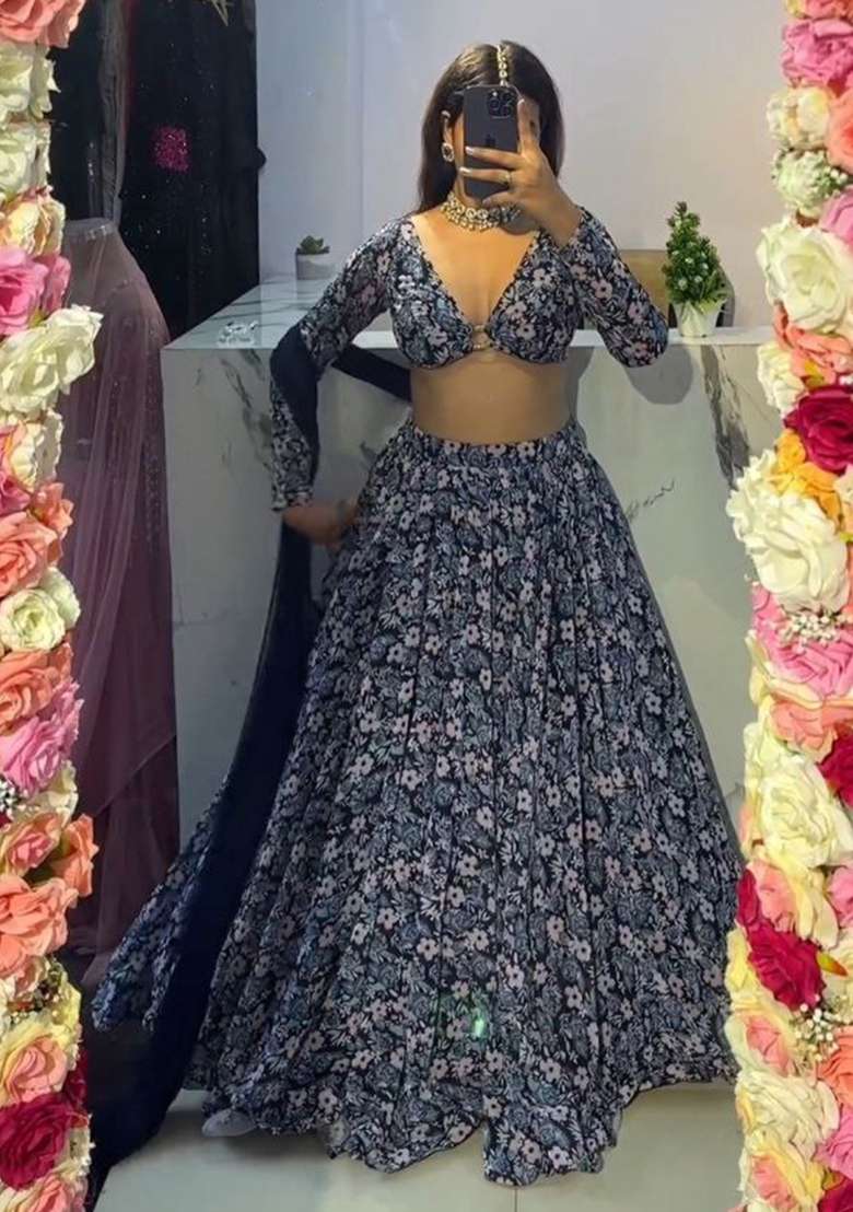 Multi Color Chinon With Dupatta Lehenga Set with Printed for Diwali | Wedding & Festive Wear - Indya