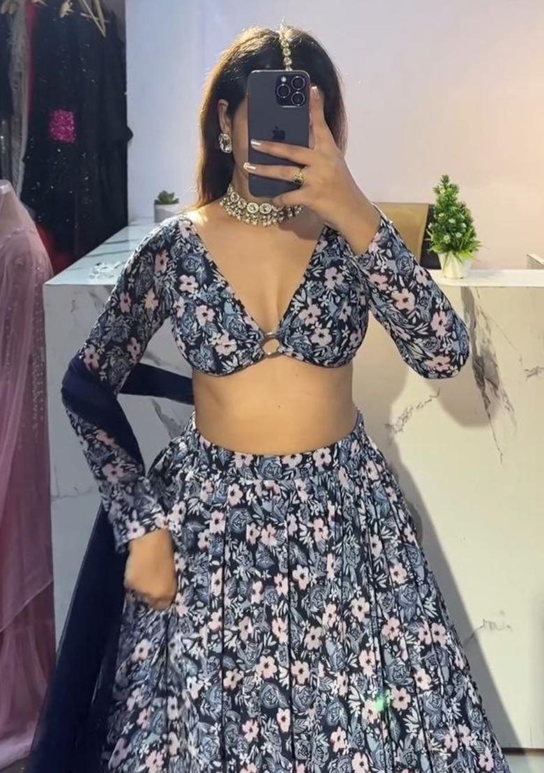 Multi Color Printed Chinon Lehenga Set With Dupatta - Indya