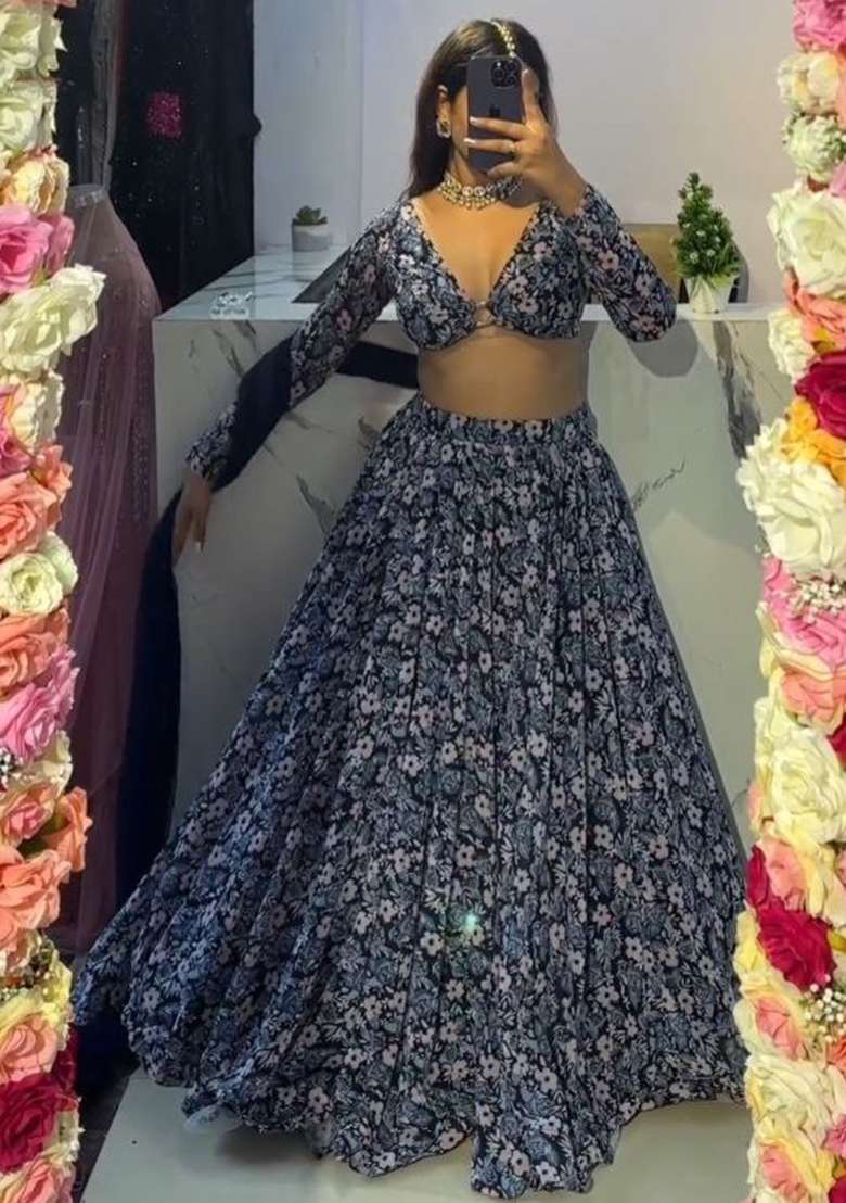 Multi Color Chinon With Dupatta Lehenga Set with Printed for Diwali | Wedding & Festive Wear - Indya