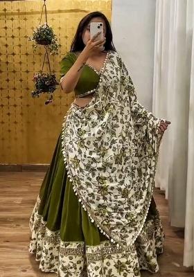 Multi Color Embroidered Silk Lehenga Set With Dupatta