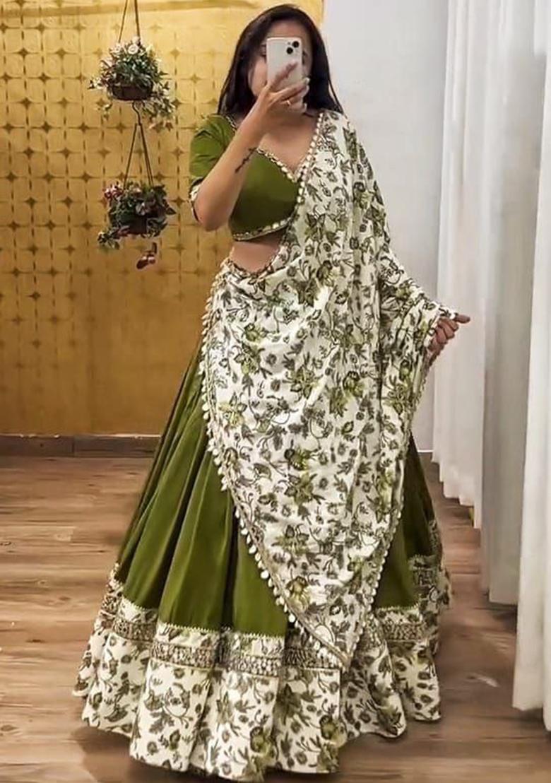 Multi Color Embroidered Silk Lehenga Set With Dupatta - Indya