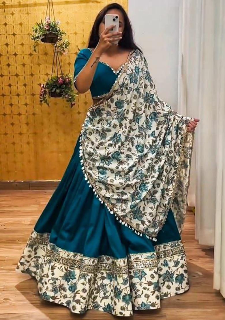 Multi Color Embroidered Silk Lehenga Set With Dupatta - Indya