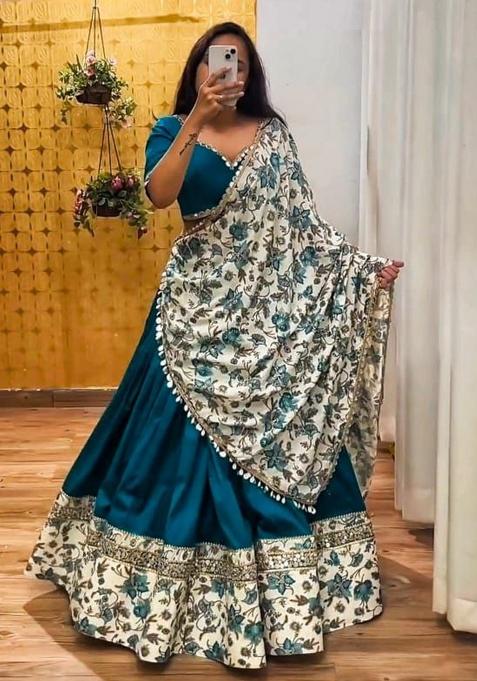 Multi Color Embroidered Silk Lehenga Set With Dupatta