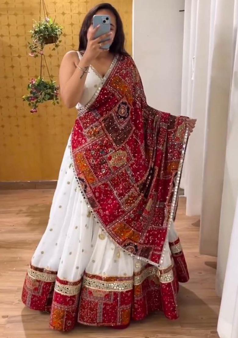 Multi Color Embroidered Georgette Lehenga Set With Dupatta - Indya