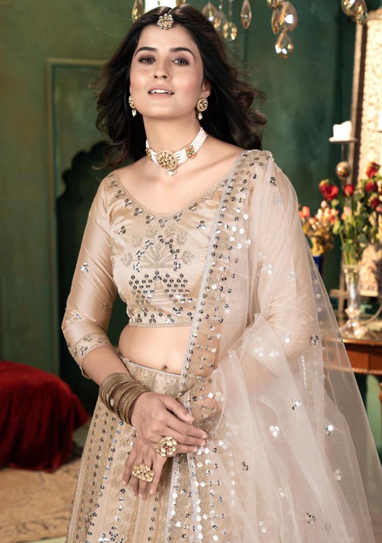 Multi Color Sequence Embroidery Net Lehenga Set With Dupatta - Indya