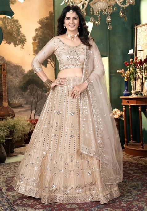 Multi Color Sequence Embroidery Net Lehenga Set With Dupatta