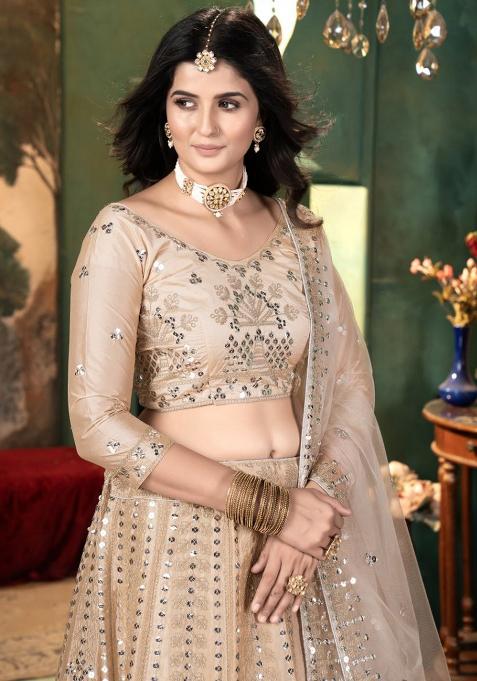 Multi Color Sequence Embroidery Net Lehenga Set With Dupatta