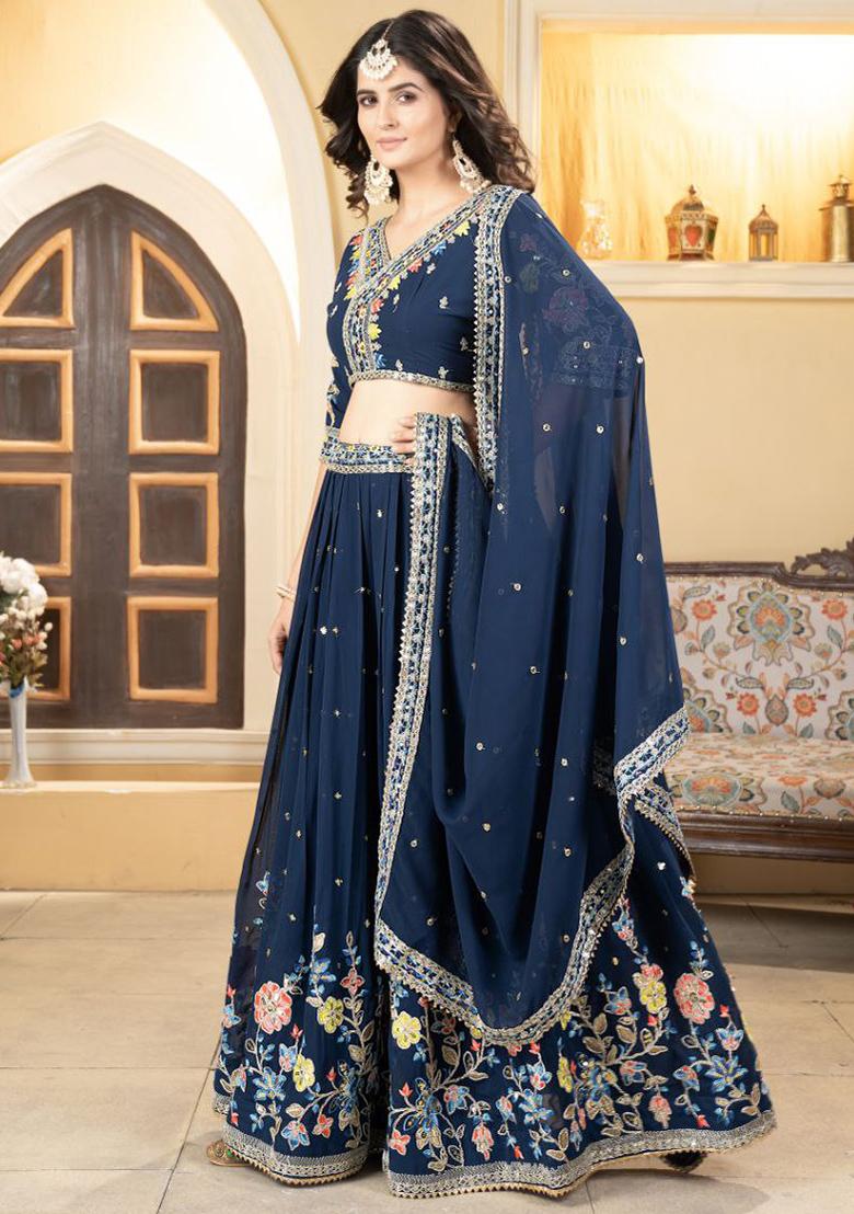Multi Color Sequence Embroidery Georgette Lehenga Set With Dupatta