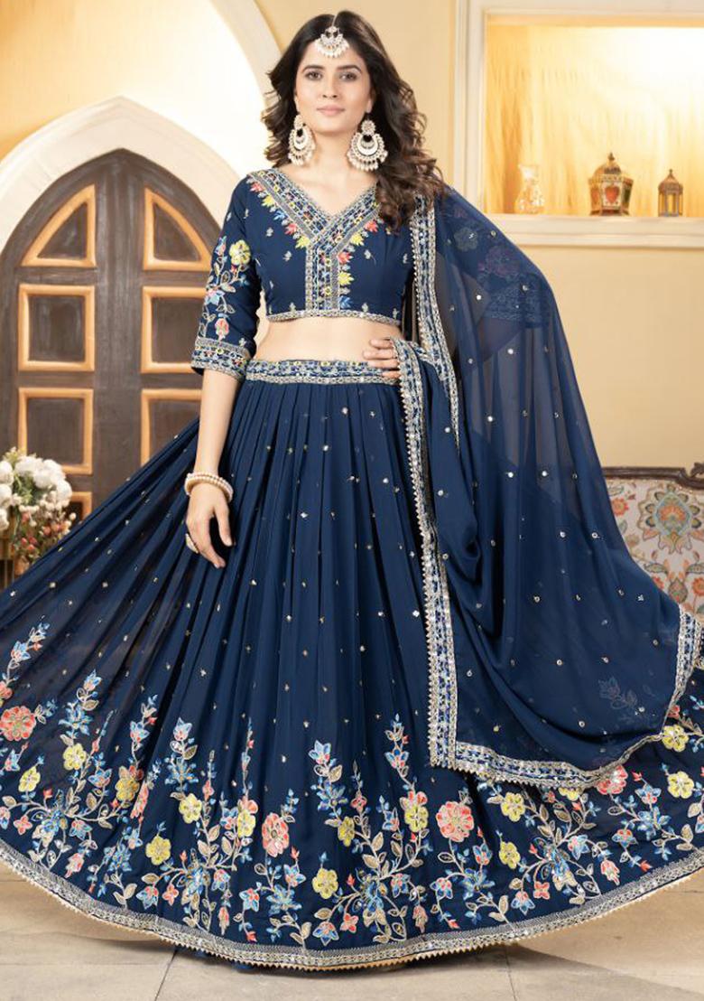 Multi Color Sequence Embroidery Georgette Lehenga Set With Dupatta - Indya