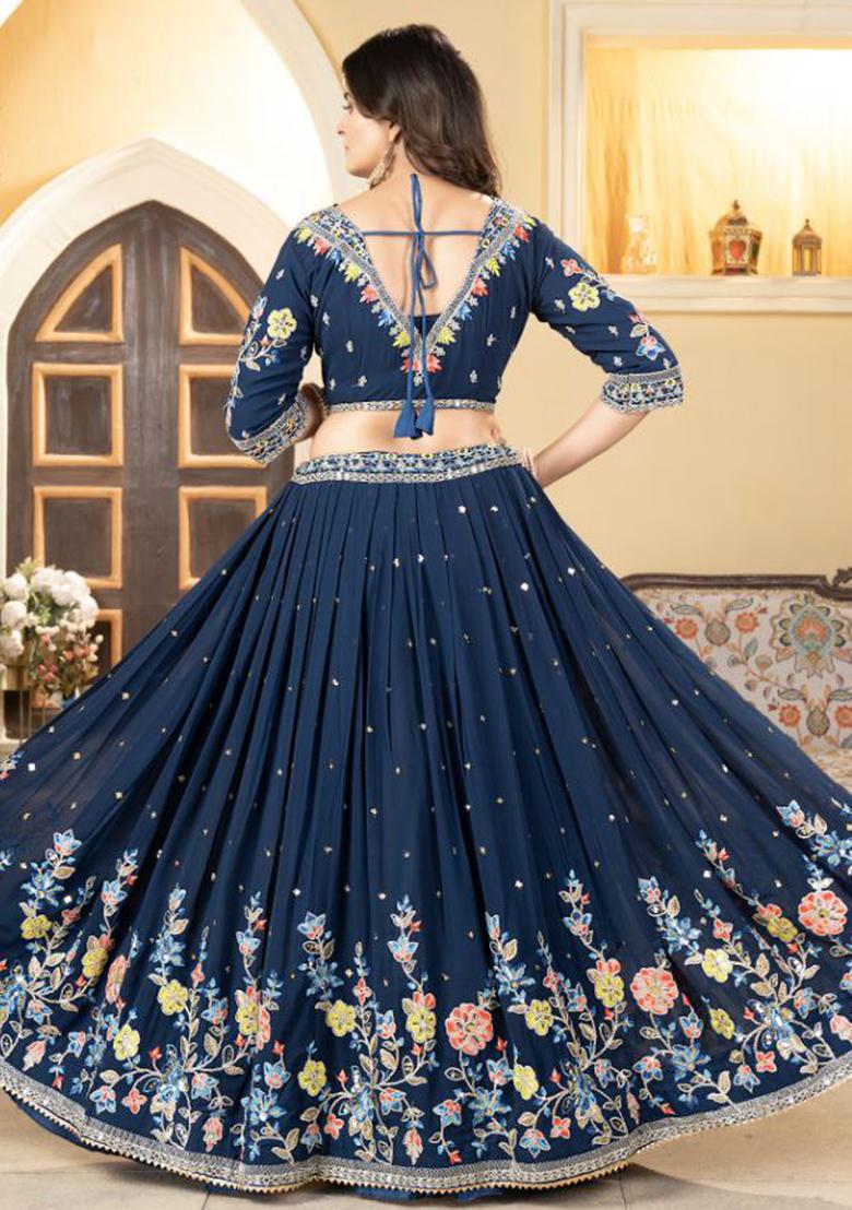 Multi Color Sequence Embroidery Georgette Lehenga Set With Dupatta