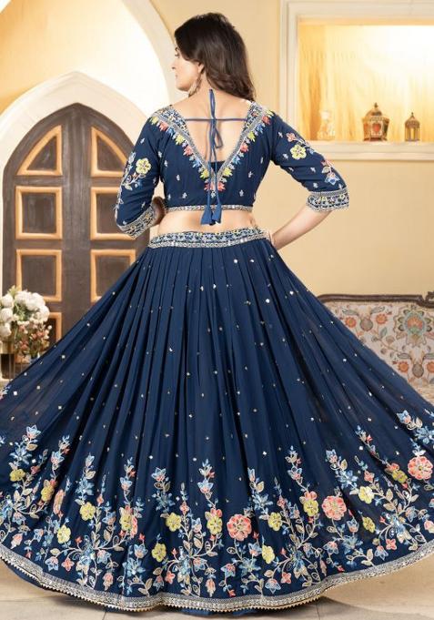 Multi Color Sequence Embroidery Georgette Lehenga Set With Dupatta