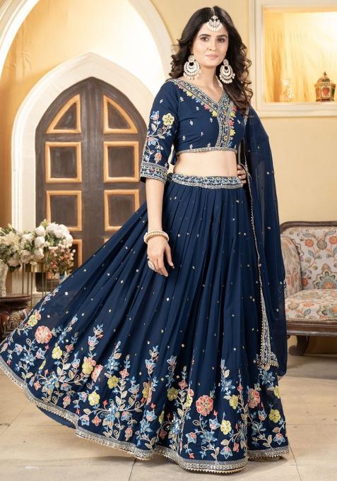 Multi Color Sequence Embroidery Georgette Lehenga Set With Dupatta