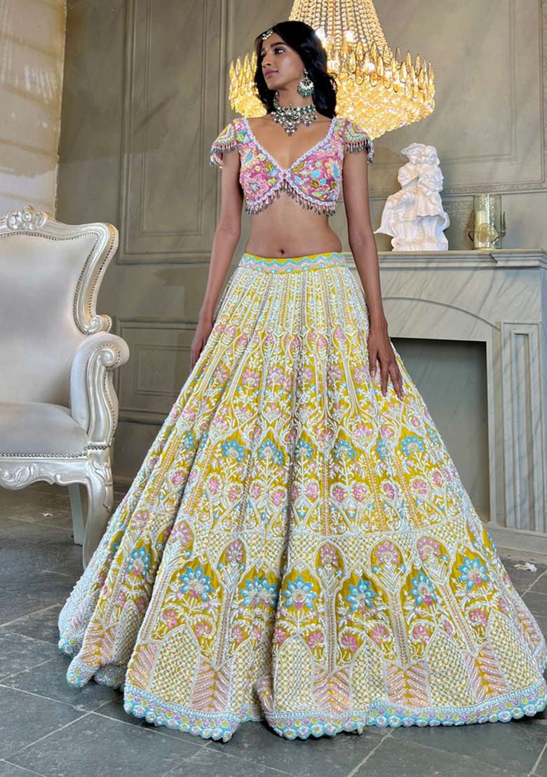 Multi Color Sequence Embroidery Silk Blend Lehenga Set With Dupatta for Diwali and Festive Wear - Indya