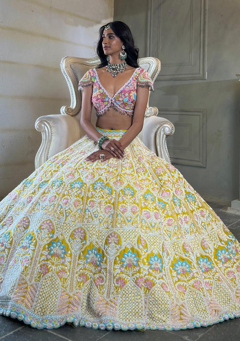 Multi Color Sequence Embroidery Silk Lehenga Set With Dupatta - Indya