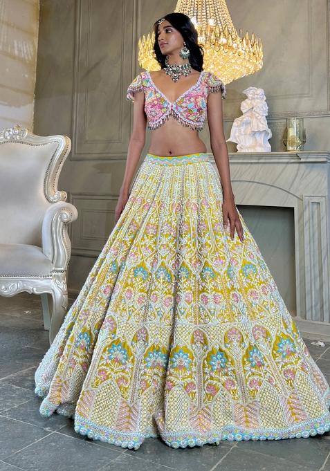 Multi Color Sequence Embroidery Silk Lehenga Set With Dupatta