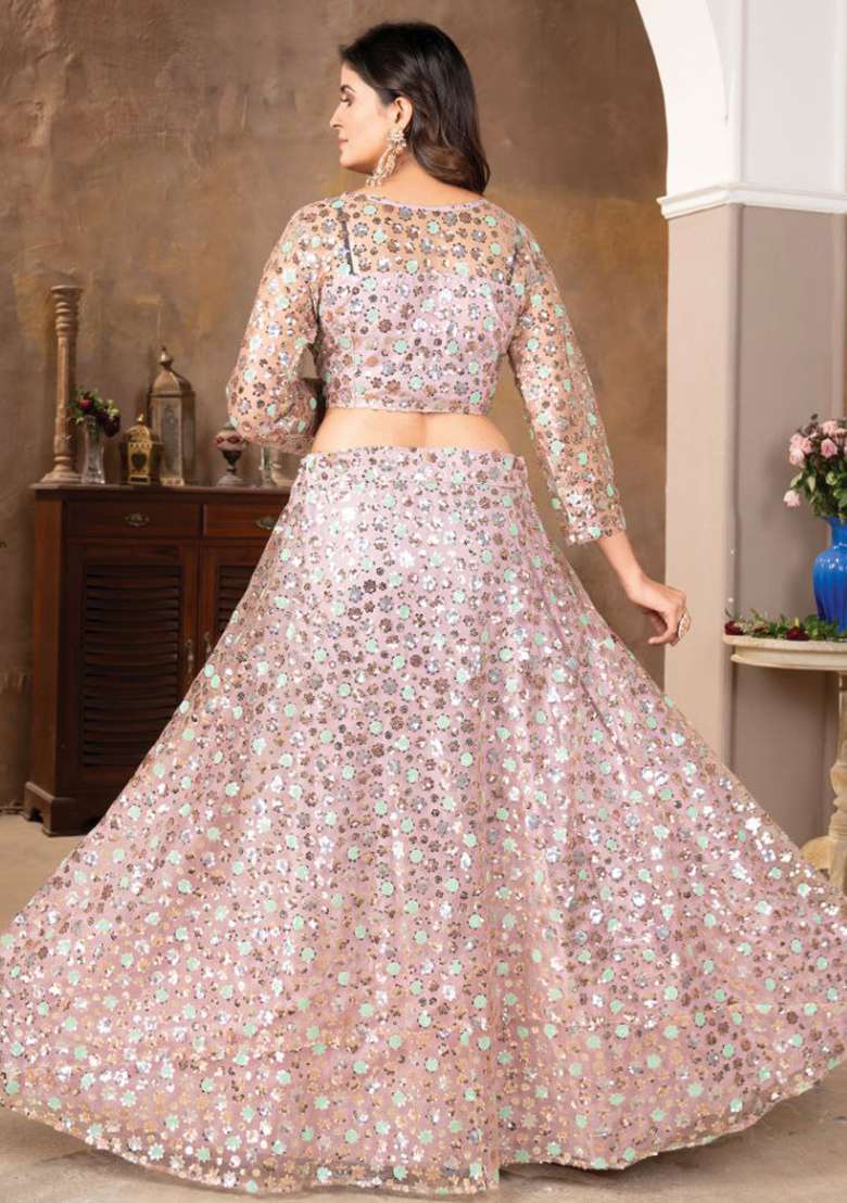 Multi Color Embroidered Silk Blend Lehenga Set With Dupatta for Diwali and Festive Wear - Indya