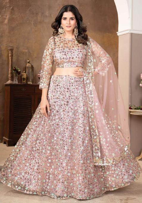 Multi Color Embroidered Silk Blend Lehenga Set With Dupatta