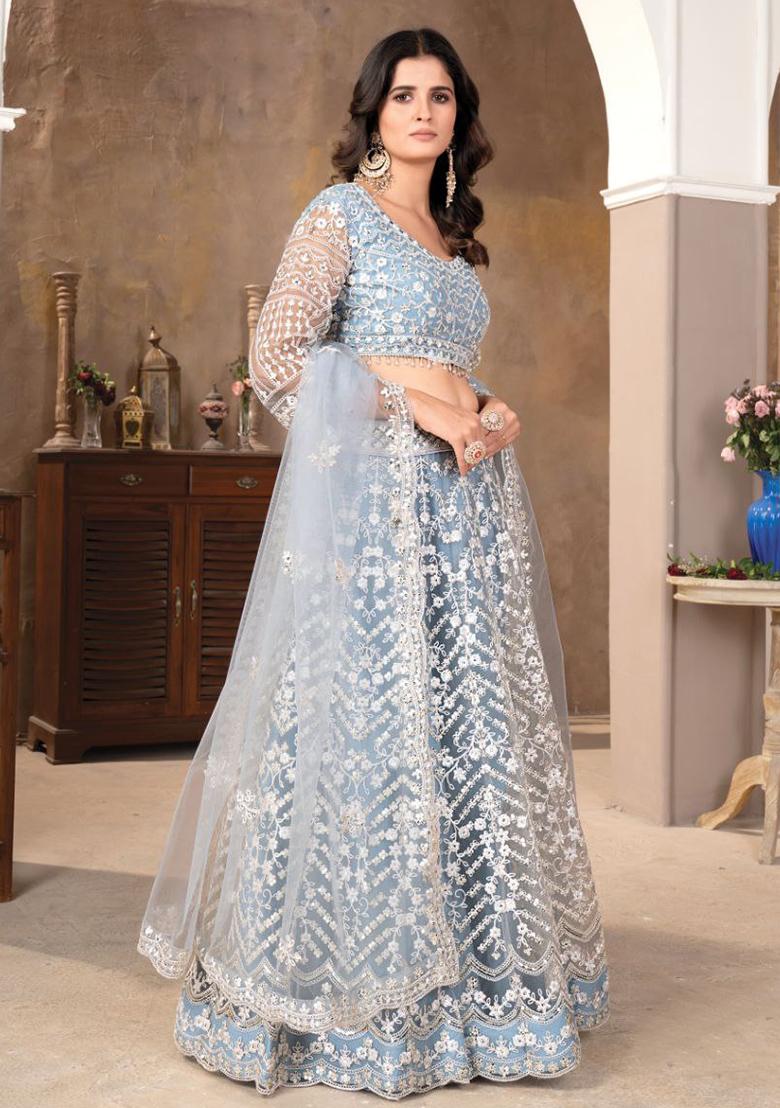 Multi Color Embroidered Silk Lehenga Set With Dupatta - Indya