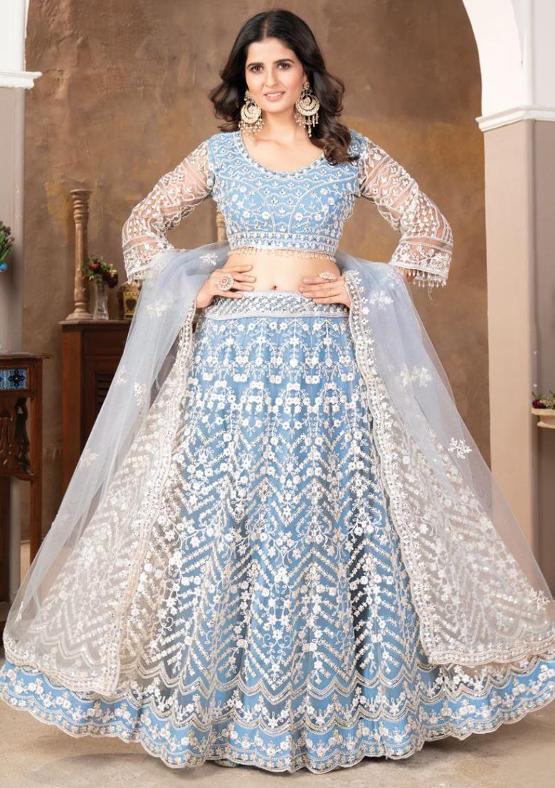 Multi Color Embroidered Silk Lehenga Set With Dupatta - Indya