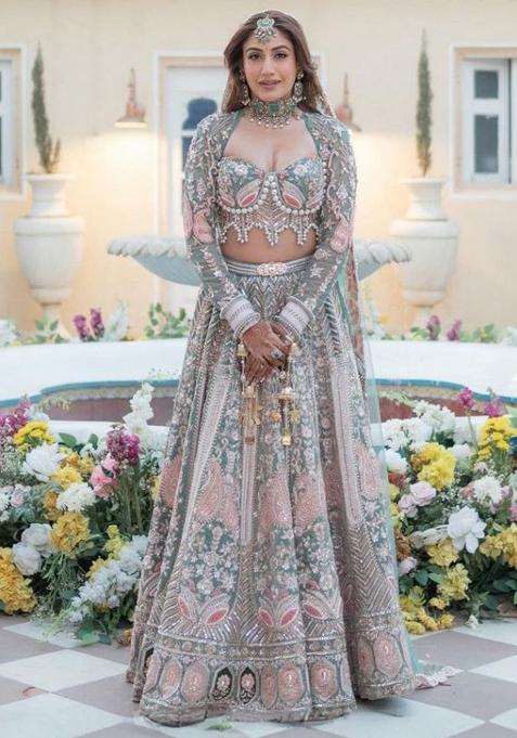 Multi Color Sequence Embroidery Silk Lehenga Set With Dupatta