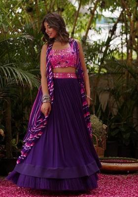 Multi Color Embroidered Georgette Lehenga Set With Dupatta