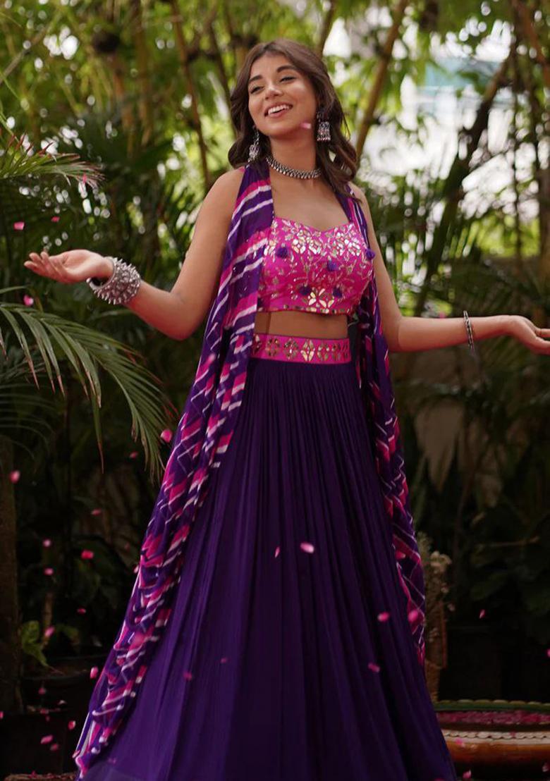 Multi Color Embroidered Georgette Lehenga Set With Dupatta - Indya