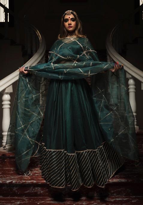 Multi Color Embroidered Silk Blend Lehenga Set With Dupatta