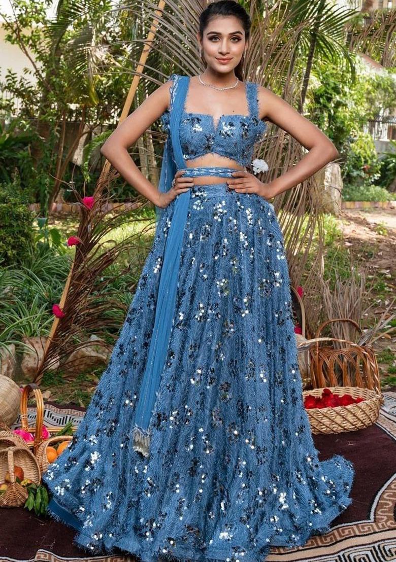 Multi Color Embroidered Silk Lehenga Set With Dupatta - Indya