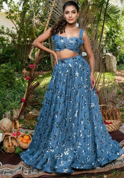 Multi Color Embroidered Silk Lehenga Set With Dupatta — view on Indya