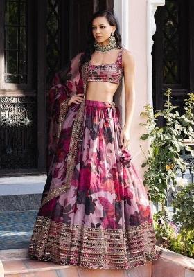 Multi Color Embroidered Silk Lehenga Set With Dupatta